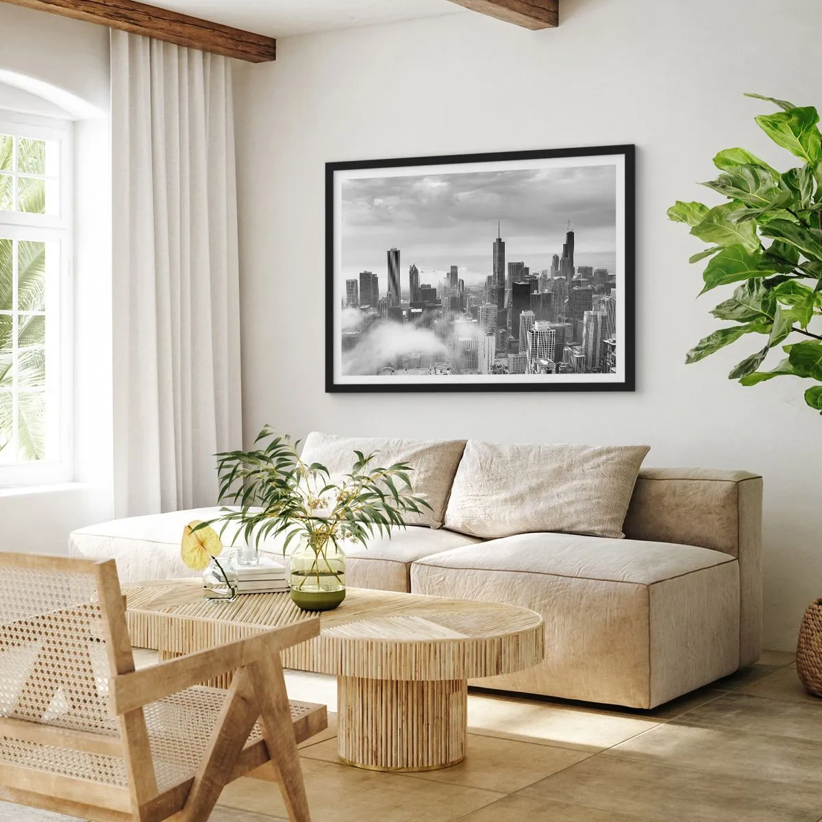 Poster in einem schwarzem Rahmen - Stadtpanorama mit Wolkenkratzern in den Wolken in Schwarzweiß - 70x50cm - Amerikanische Landschaft - Moderne Wanddekoration für Wohnzimmer und Schlafzimmer ARTTOR