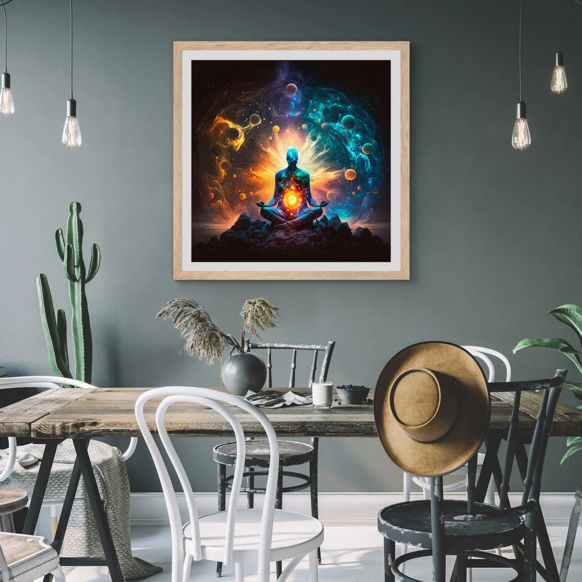 Poster in einem Rahmen aus heller Eiche - Kosmischer Frieden - 50x50 cm