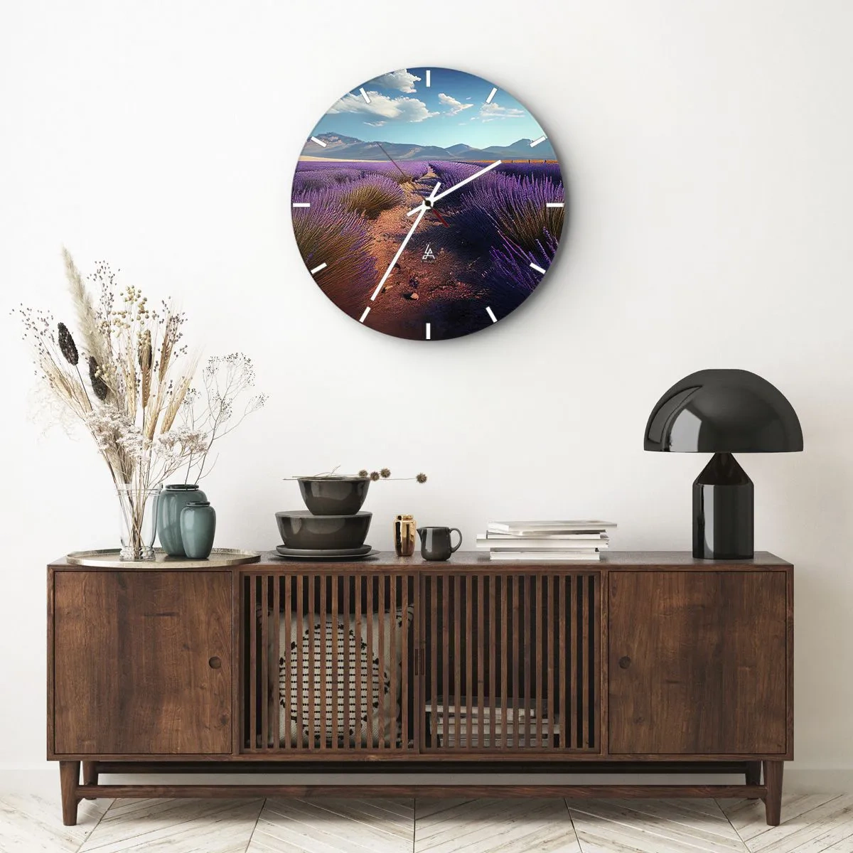 Wanduhr - Glasuhr - Ein Lavendelfeld mit einer Berglandschaft im Hintergrund - 30x30cm - Duftende Felder - Moderne Wanddekoration für Wohnzimmer, Küche und Schlafzimmer ARTTOR