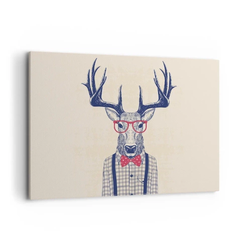 Bild auf Leinwand - Leinwandbild - Stilisierte Grafik eines Hirsches mit Brille und Fliege - 120x80cm - Eine lustige Extravaganz - Moderne Wanddekoration für Wohnzimmer und Schlafzimmer ARTTOR