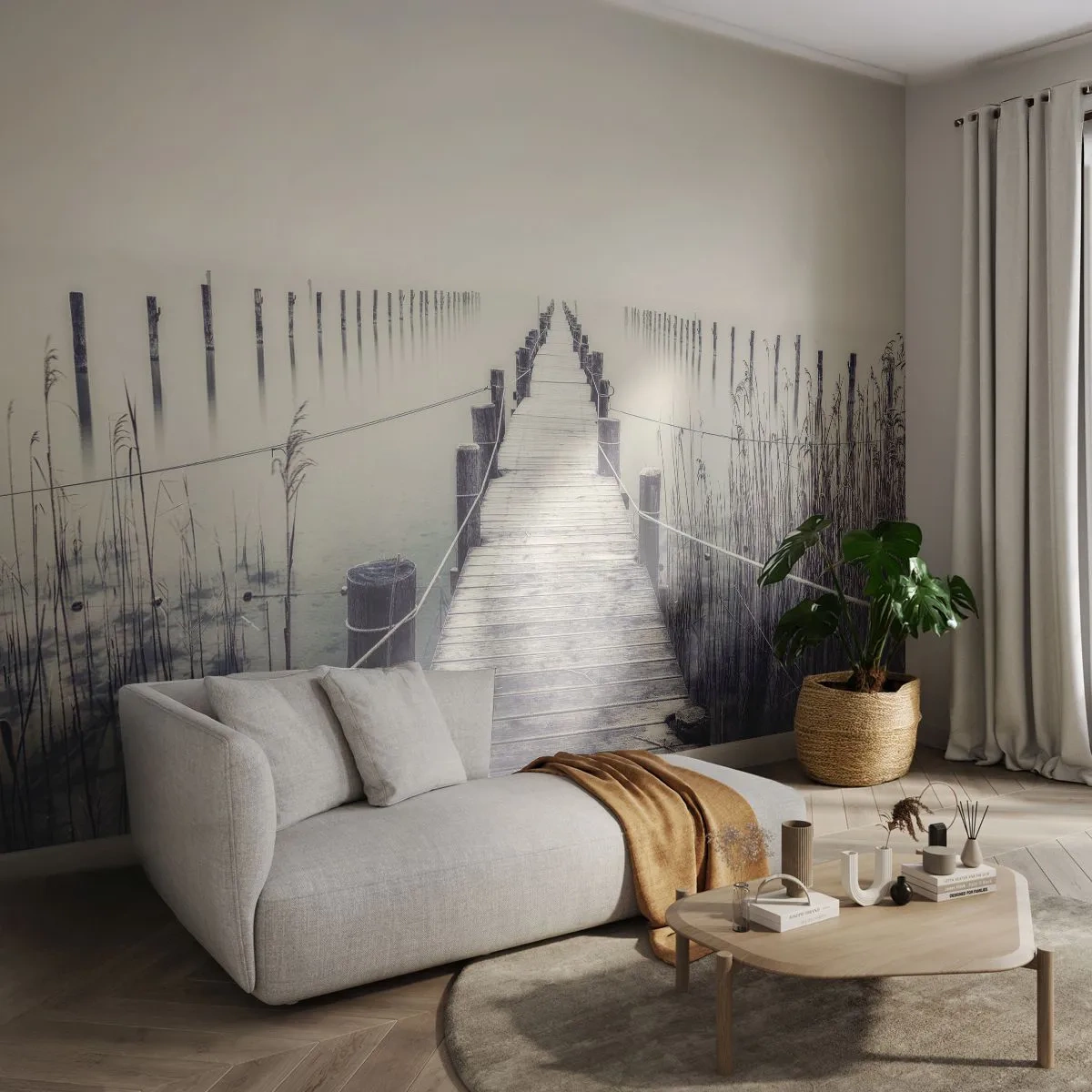 Fototapete Premium Sand - Ein Holzsteg im Nebel über einem ruhigen See - 100x70cm - Tauchen Sie in Ruhe ein - Moderne Wanddekoration für Wohnzimmer und Schlafzimmer ARTTOR