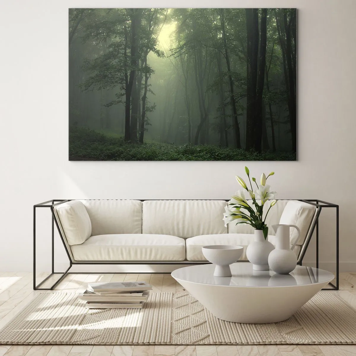 Glasbild - Bild auf glas - Ein dunkler Wald, in Nebel gehüllt, mit Lichtstrahlen - 70x50cm - Bevor er aufwacht - Moderne Wanddekoration für Wohnzimmer und Schlafzimmer ARTTOR