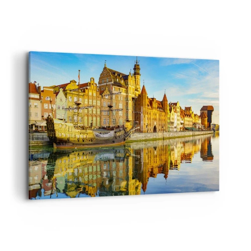 Bild auf Leinwand - Leinwandbild - Ein malerischer Blick auf die Altstadt mit einem Segelschiff und Wasser - 120x80cm - Ein Spiegelbild der Vergangenheit - Moderne Wanddekoration für Wohnzimmer und Schlafzimmer ARTTOR