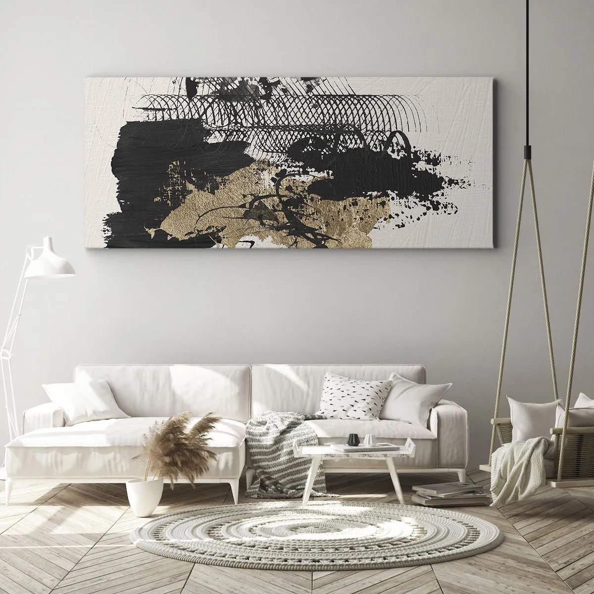 Bild auf Leinwand - Leinwandbild - Ein abstraktes Gemälde in Schwarz und Gold mit dynamischen Linien und Strukturen. - 140x50cm - Komposition mit Leidenschaft - Moderne Wanddekoration für Wohnzimmer und Schlafzimmer ARTTOR