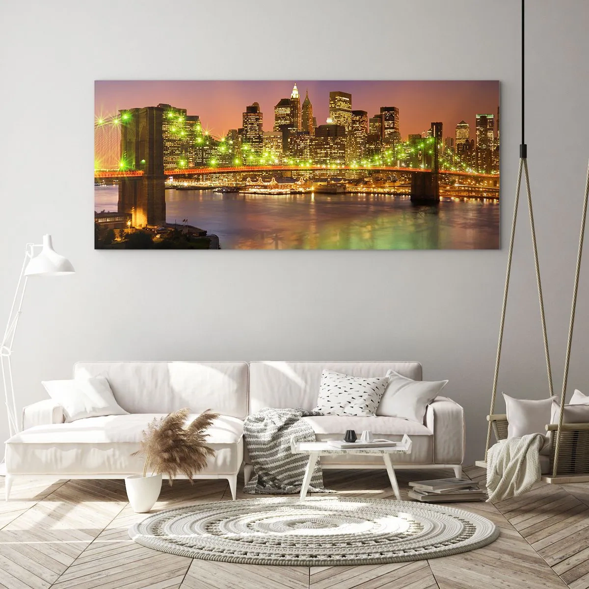 Glasbild - Bild auf glas - Beleuchtete Brücke in einer modernen Stadt bei Nacht - 120x50cm - Hier geht das Licht nie aus - Moderne Wanddekoration für Wohnzimmer und Schlafzimmer ARTTOR
