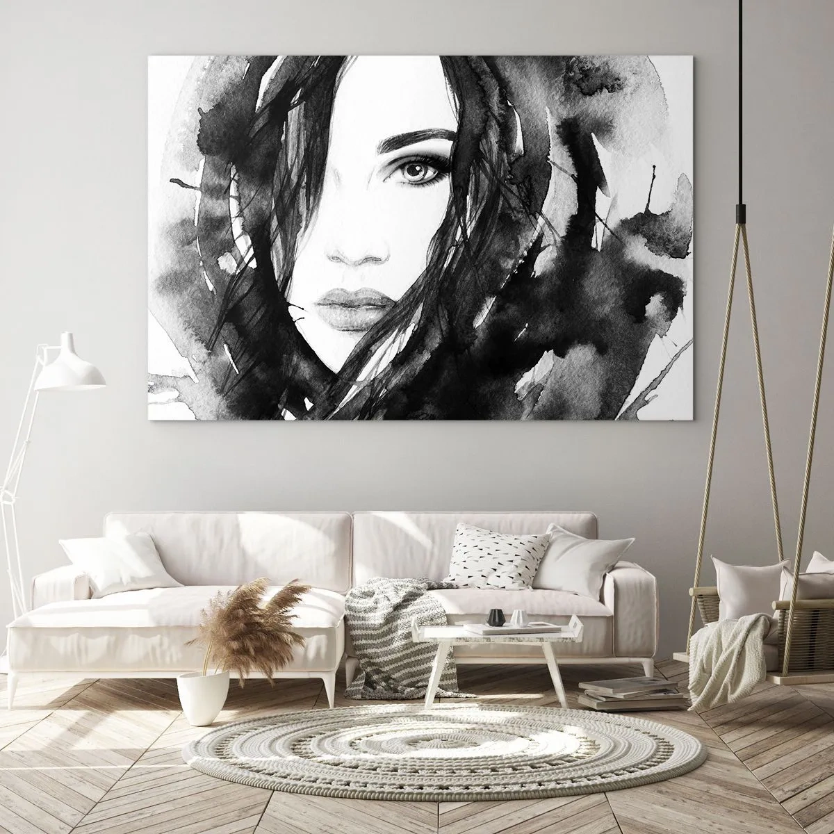 Glasbild - Bild auf glas - Weibliche Schwarz-Weiß-Aquarellporträts - 120x80cm - Porträt einer Dame in Schwarzweiß - Moderne Wanddekoration für Wohnzimmer und Schlafzimmer ARTTOR