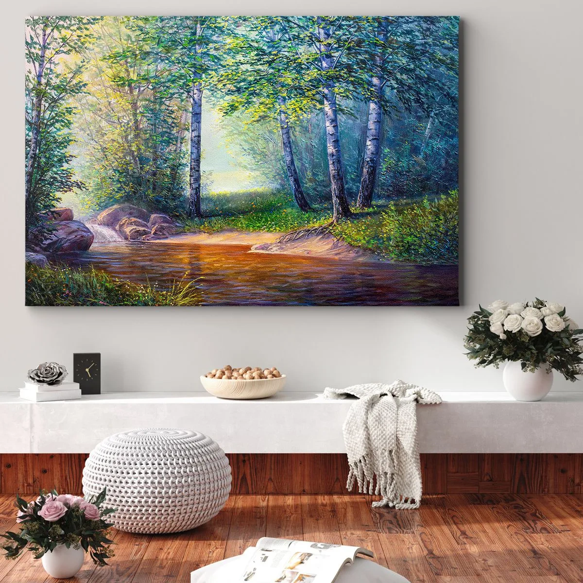 Bild auf Leinwand - Leinwandbild - Ein Waldbach, umgeben von Birken und Sonnenschein - 120x80cm - Idyllische Landschaft - Moderne Wanddekoration für Wohnzimmer und Schlafzimmer ARTTOR