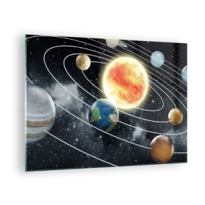 Glasbild - Bild auf glas - Das Sonnensystem mit Planeten und Umlaufbahnen vor dem Hintergrund des Weltraums - 70x50cm - Kosmischer Tanz - Moderne Wanddekoration für Wohnzimmer und Schlafzimmer ARTTOR