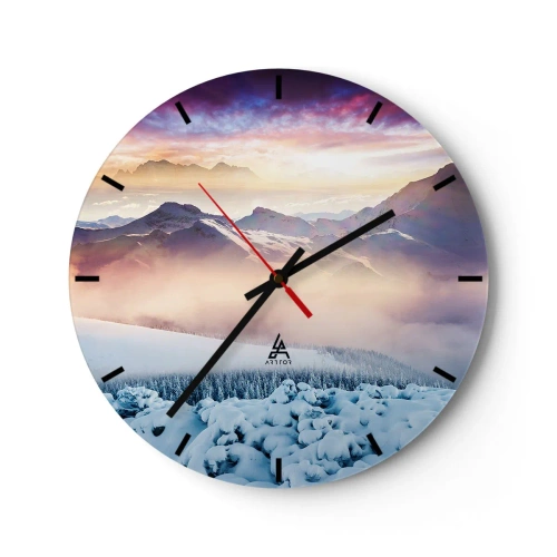 Wanduhr - Glasuhr - Ein Zifferblatt mit Blick auf schneebedeckte Berge in Pastellfarben - 30x30cm - Die Kraft und Reinheit der Natur - Moderne Wanddekoration für Wohnzimmer, Küche und Schlafzimmer ARTTOR