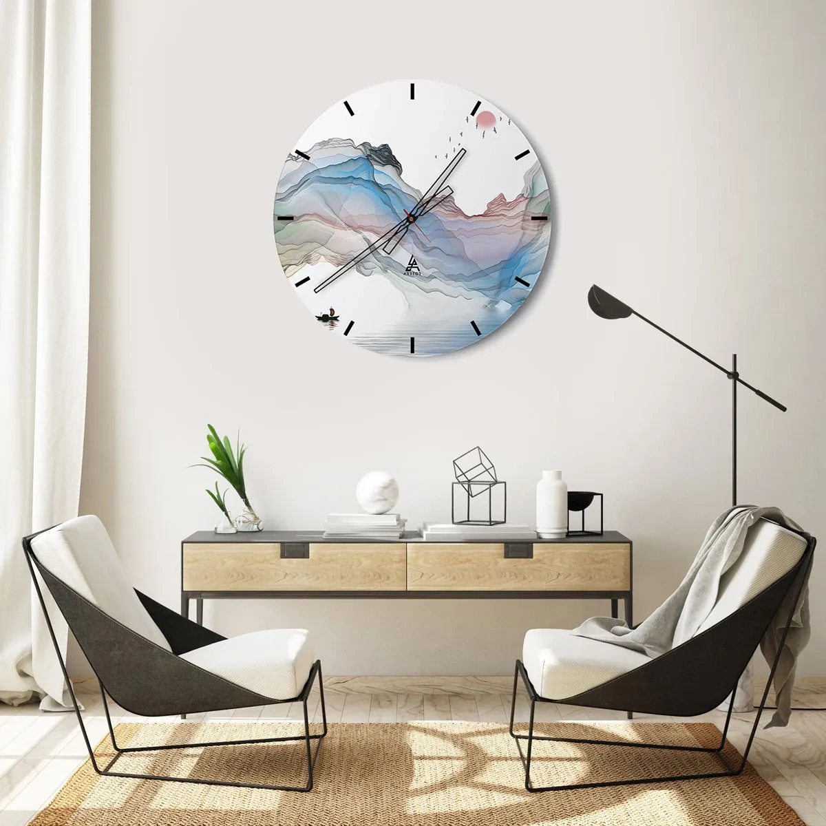 Wanduhr - Glasuhr - Farbenfrohe, ätherische Berge mit einem Boot auf der Wasseroberfläche - 30x30cm - Zu den Kristallbergen - Moderne Wanddekoration für Wohnzimmer, Küche und Schlafzimmer ARTTOR