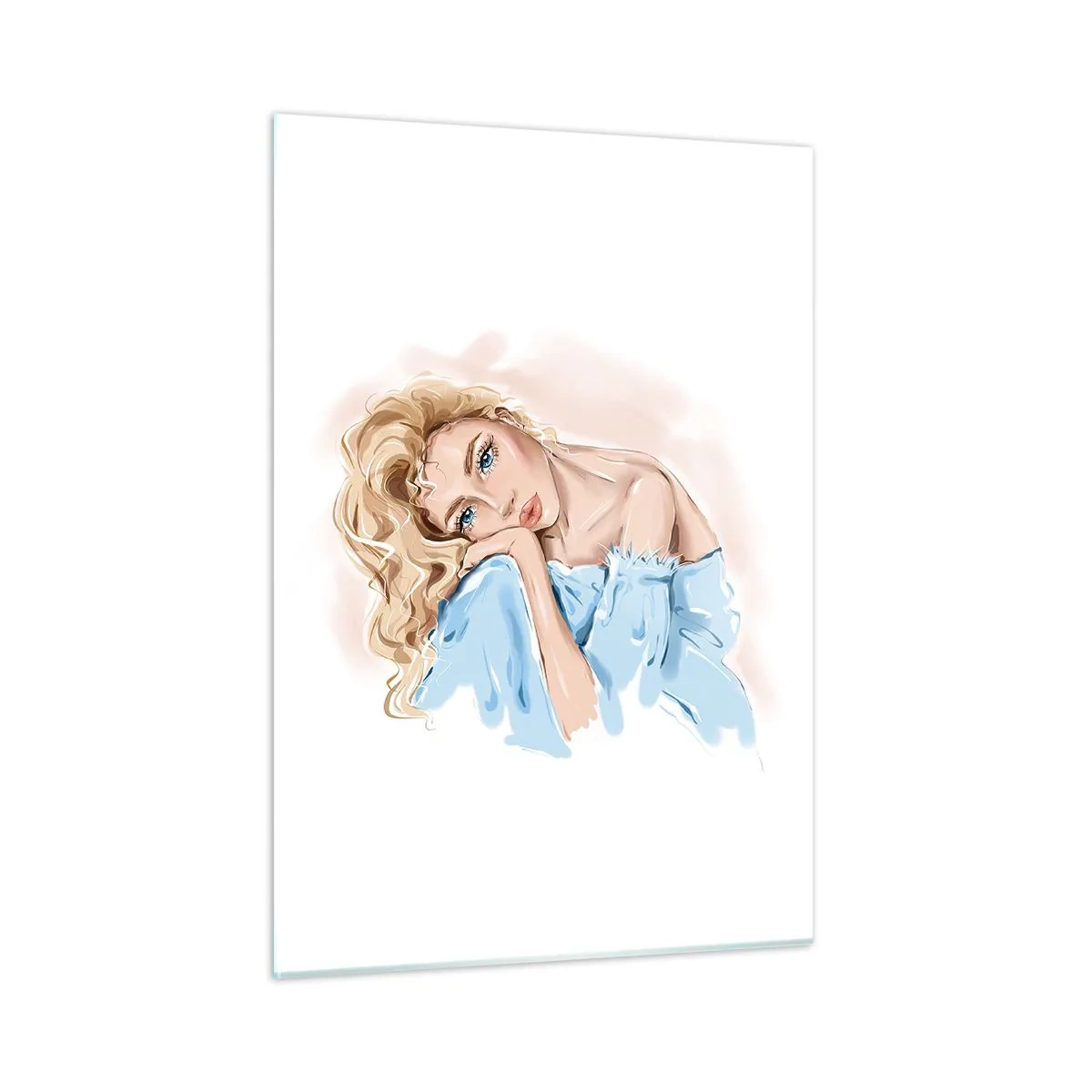 Glasbild - Bild auf glas - Porträt einer Blondine im blauen Kleid mit nachdenklichem Blick - 50x70cm - Verträumt im Blau - Moderne Wanddekoration für Wohnzimmer und Schlafzimmer ARTTOR