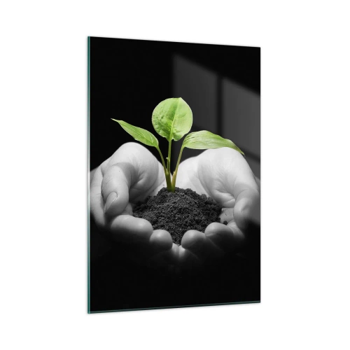 Glasbild - Bild auf glas - Eine junge Pflanze in den Händen vor schwarzem Hintergrund - 50x70cm - Ich liebe die Natur, ich beschütze sie - Moderne Wanddekoration für Wohnzimmer und Schlafzimmer ARTTOR
