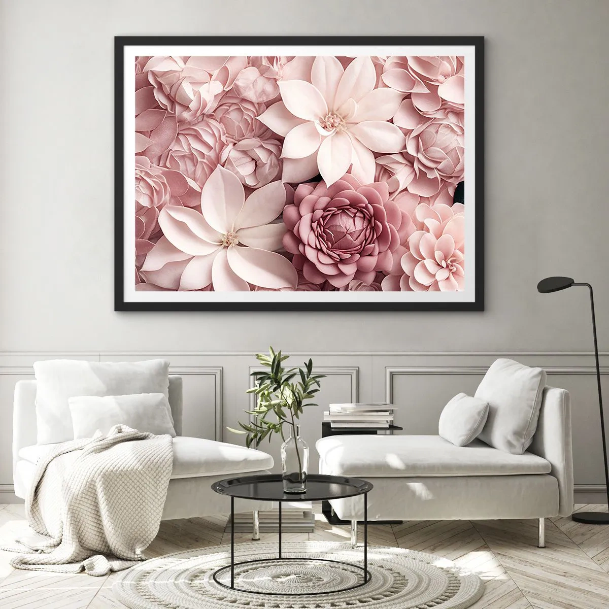 Poster in einem schwarzem Rahmen - Blumen in Rosa- und Weißtönen in künstlerischer Umsetzung - 100x70cm - In rosa Blütenblättern - Moderne Wanddekoration für Wohnzimmer und Schlafzimmer ARTTOR