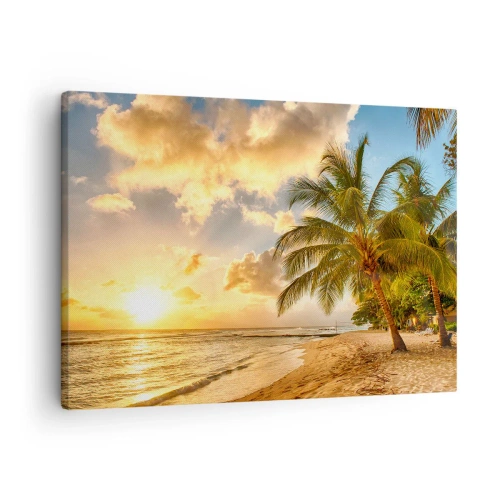 Bild auf Leinwand - Leinwandbild - Strand mit Palmen und einem Sonnenuntergang über dem Meer - 70x50cm - Ewiger Sommer, immer Urlaub - Moderne Wanddekoration für Wohnzimmer und Schlafzimmer ARTTOR