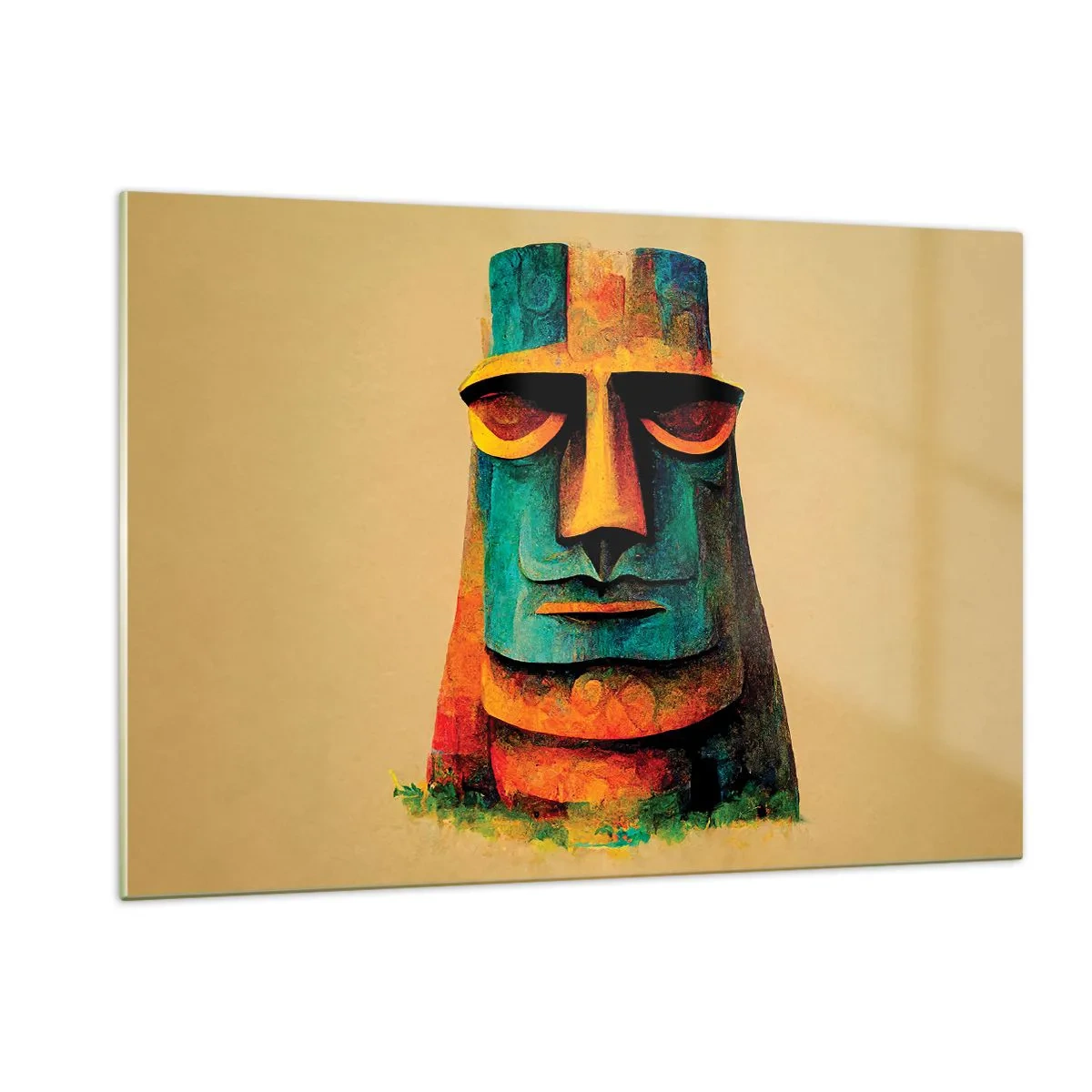 Glasbild - Bild auf glas - Ein farbenfrohes Porträt, inspiriert von einer Steinstatue auf beigem Hintergrund. - 120x80cm - Statuenhaft und sympathisch - Moderne Wanddekoration für Wohnzimmer und Schlafzimmer ARTTOR