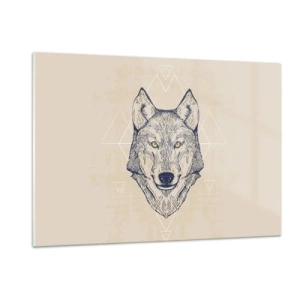 Glasbild - Bild auf glas - Wolfskopf vor einem Hintergrund aus geometrischen Mustern - 120x80cm - Ein Alpha mit durchdringendem Blick - Moderne Wanddekoration für Wohnzimmer und Schlafzimmer ARTTOR