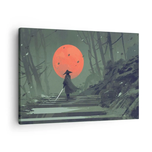 Bild auf Leinwand - Leinwandbild - Ein einsamer Krieger mit einem Schwert vor dem Hintergrund eines roten Mondes in einem dunklen Wald. - 70x50cm - Krieger des Roten Mondes - Moderne Wanddekoration für Wohnzimmer und Schlafzimmer ARTTOR