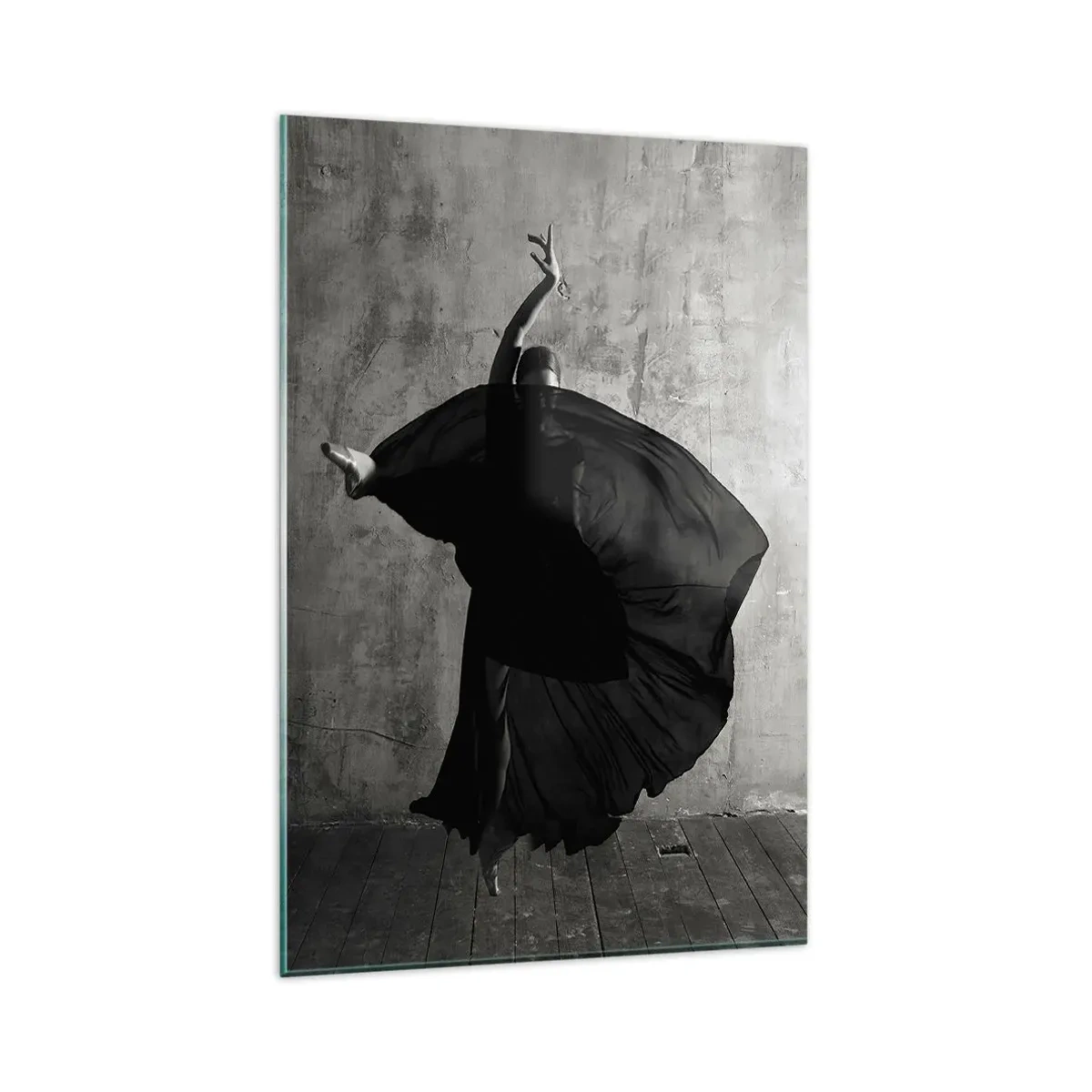 Glasbild - Bild auf glas - Schwarz-weiße Silhouette einer Tänzerin in Bewegung vor einem Wandhintergrund - 80x120cm - Leidenschaftlicher Gürtel - Moderne Wanddekoration für Wohnzimmer und Schlafzimmer ARTTOR
