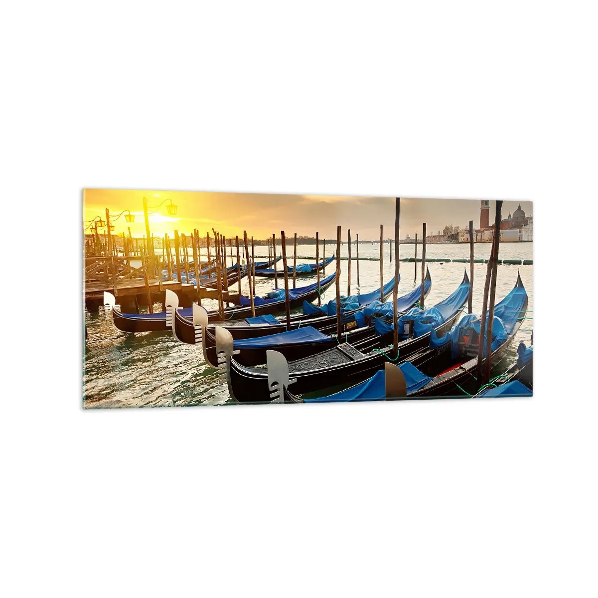 Glasbild - Bild auf glas - Gondeln in Venedig am Morgen im Licht der aufgehenden Sonne - 120x50cm - Bevor das Summen kommt - Moderne Wanddekoration für Wohnzimmer und Schlafzimmer ARTTOR