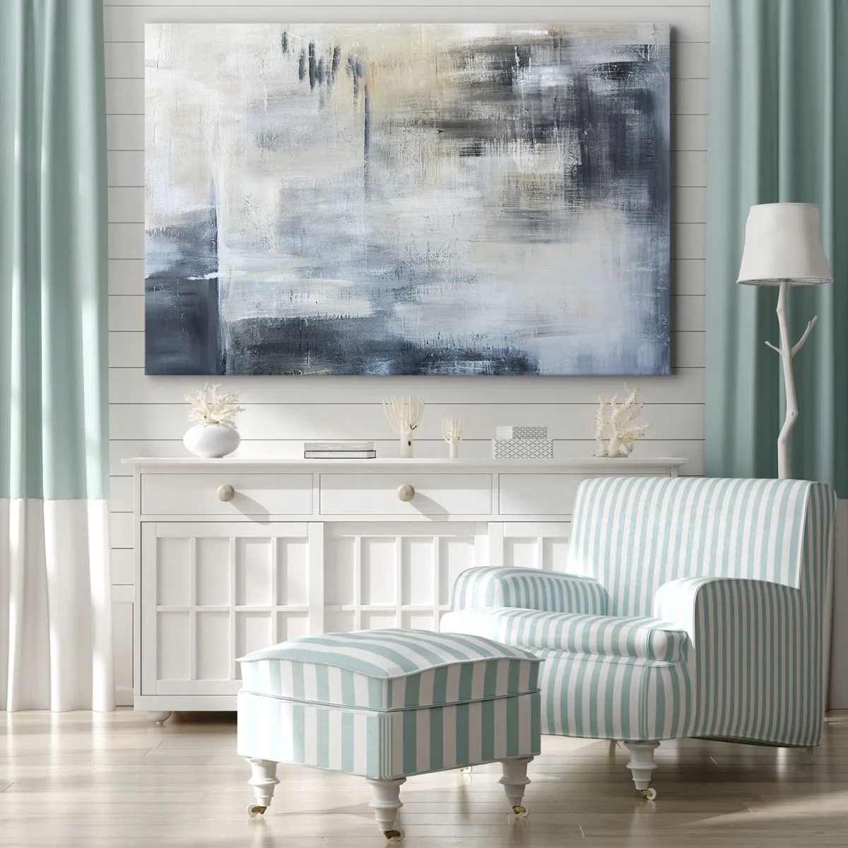 Bild auf Leinwand - Leinwandbild - Abstrakte Komposition in Blau- und Grautönen - 120x80cm - Hinter dem blauen Vorhang - Moderne Wanddekoration für Wohnzimmer und Schlafzimmer ARTTOR