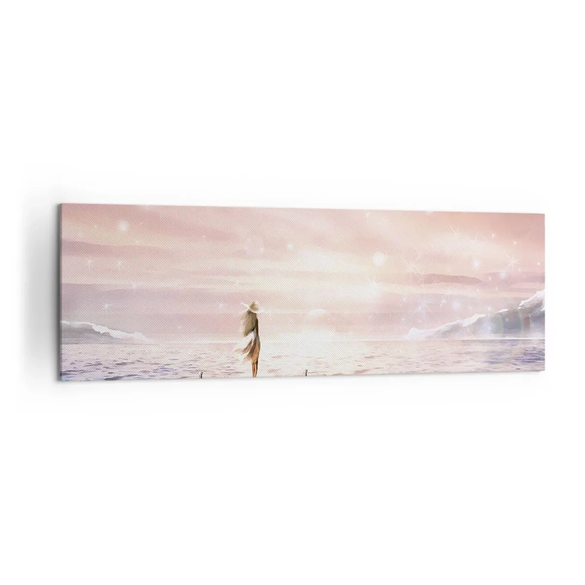 Bild auf Leinwand - Leinwandbild - Eine Frau auf einem Steg in einer magischen Sonnenuntergangskulisse - 160x50cm - Im Licht eines Traums - Moderne Wanddekoration für Wohnzimmer und Schlafzimmer ARTTOR