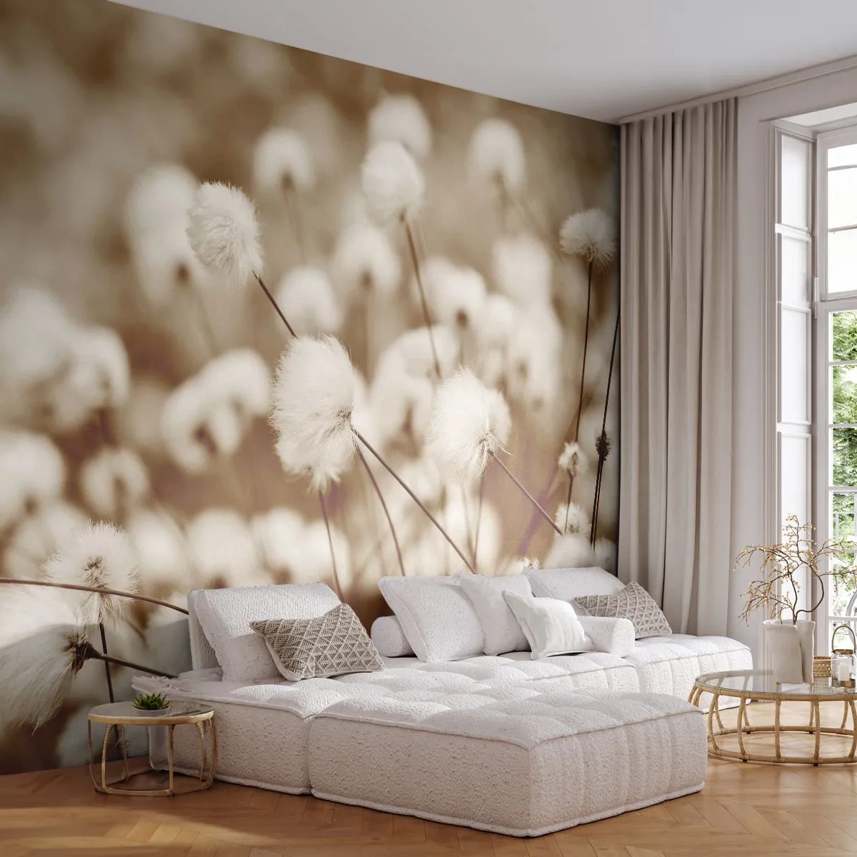 Fototapete Premium Sand - Nahaufnahme von flauschigen Grassamen in Sepia - 100x70cm - Flauschiges Kornfeld - Moderne Wanddekoration für Wohnzimmer und Schlafzimmer ARTTOR