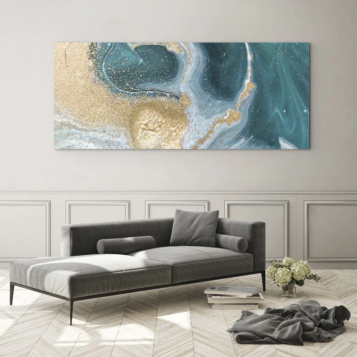 Glasbild - Bild auf glas - Abstrakter Wirbel in Türkis- und Goldtönen - 120x50cm - Ein Strudel aus Gold und Türkis - Moderne Wanddekoration für Wohnzimmer und Schlafzimmer ARTTOR