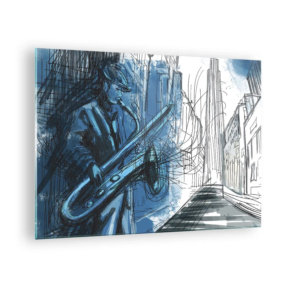 Glasbild - Bild auf glas - Jazz-Saxophonist in blau getönter urbaner Umgebung - 70x50cm - Urbane Rhapsodie - Moderne Wanddekoration für Wohnzimmer und Schlafzimmer ARTTOR