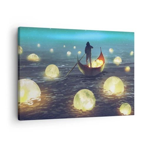 Bild auf Leinwand - Leinwandbild - Eine Figur in einem Boot, umgeben von leuchtenden Kugeln auf dem Wasser - 70x50cm - Dinge, von denen Philosophen nie geträumt haben - Moderne Wanddekoration für Wohnzimmer und Schlafzimmer ARTTOR
