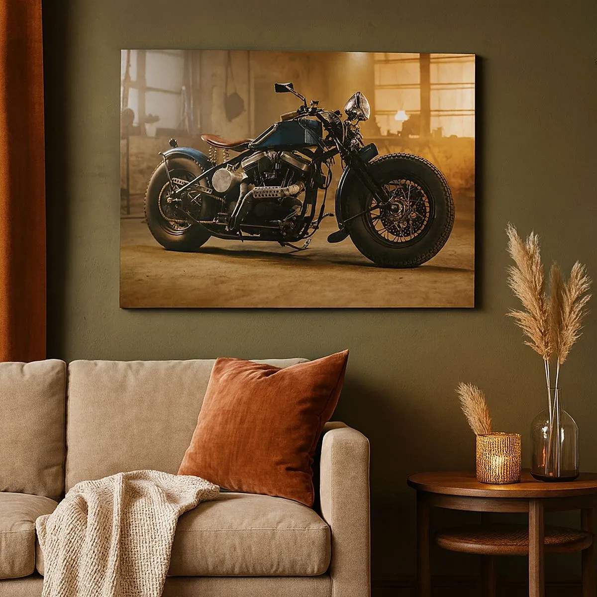 Bild auf Leinwand - Leinwandbild - Ein stylisches Motorrad in einem industriellen Interieur mit warmer Beleuchtung - 70x50cm - Ich kann alles  - Moderne Wanddekoration für Wohnzimmer und Schlafzimmer ARTTOR