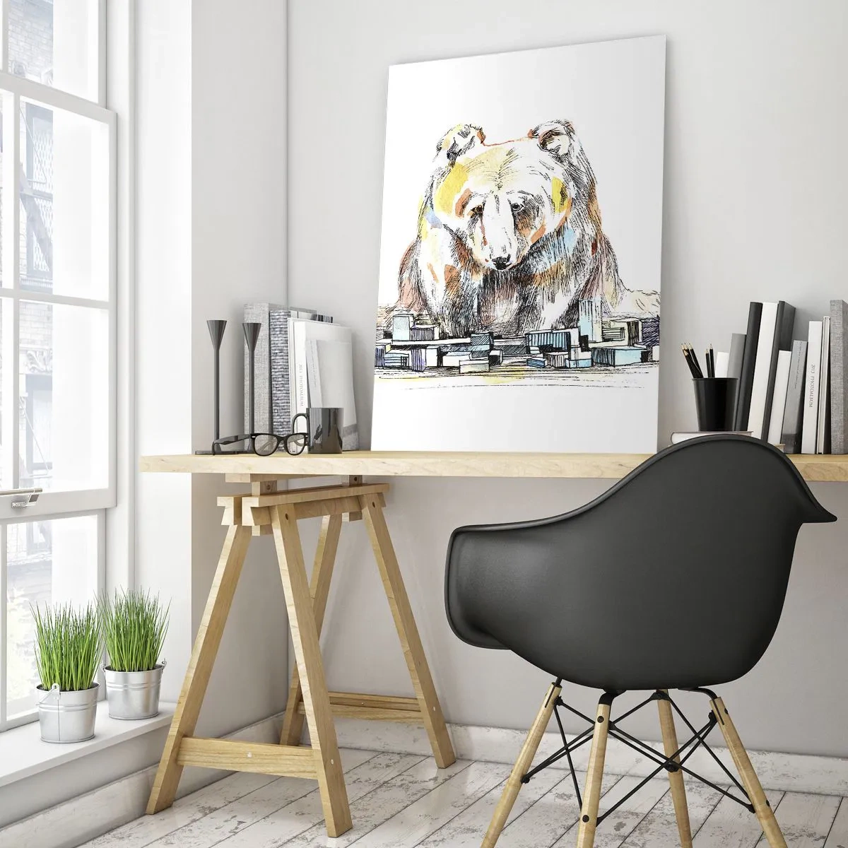 Glasbild - Bild auf glas - Ein Bär, der in einer künstlerischen Komposition die Stadt betrachtet - 50x70cm - Wie kann man so leben? - Moderne Wanddekoration für Wohnzimmer und Schlafzimmer ARTTOR