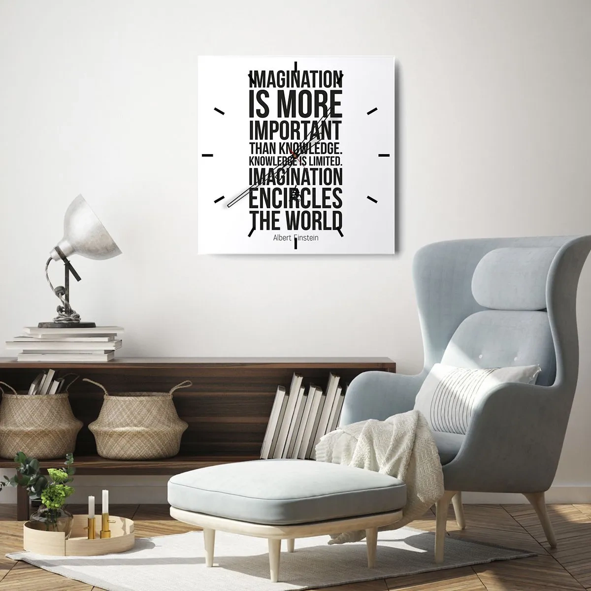 Wanduhr - Glasuhr - Inspirierendes Zitat auf weißem Hintergrund in schwarzer Schrift - 30x30cm - Einstein über die Kraft der Vorstellungskraft - Moderne Wanddekoration für Wohnzimmer und Schlafzimmer ARTTOR