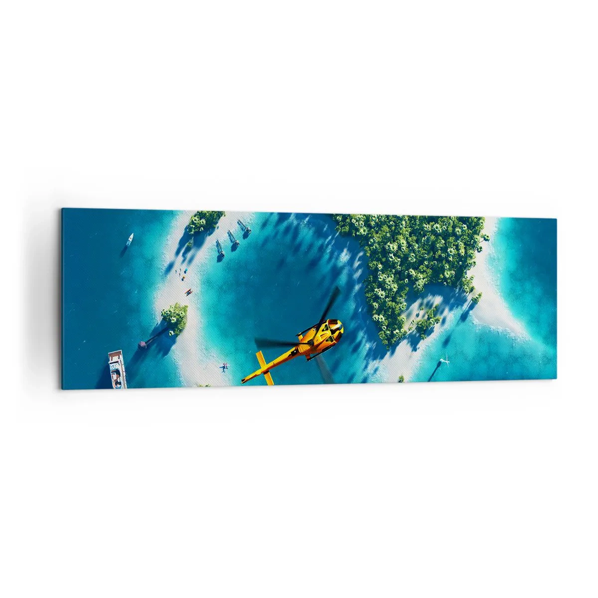 Bild auf Leinwand - Leinwandbild - Eine tropische Insel, umgeben von türkisfarbenem Wasser, mit einem Hubschrauber in Sicht - 160x50cm - Kauf dir eine Insel - Moderne Wanddekoration für Wohnzimmer und Schlafzimmer ARTTOR