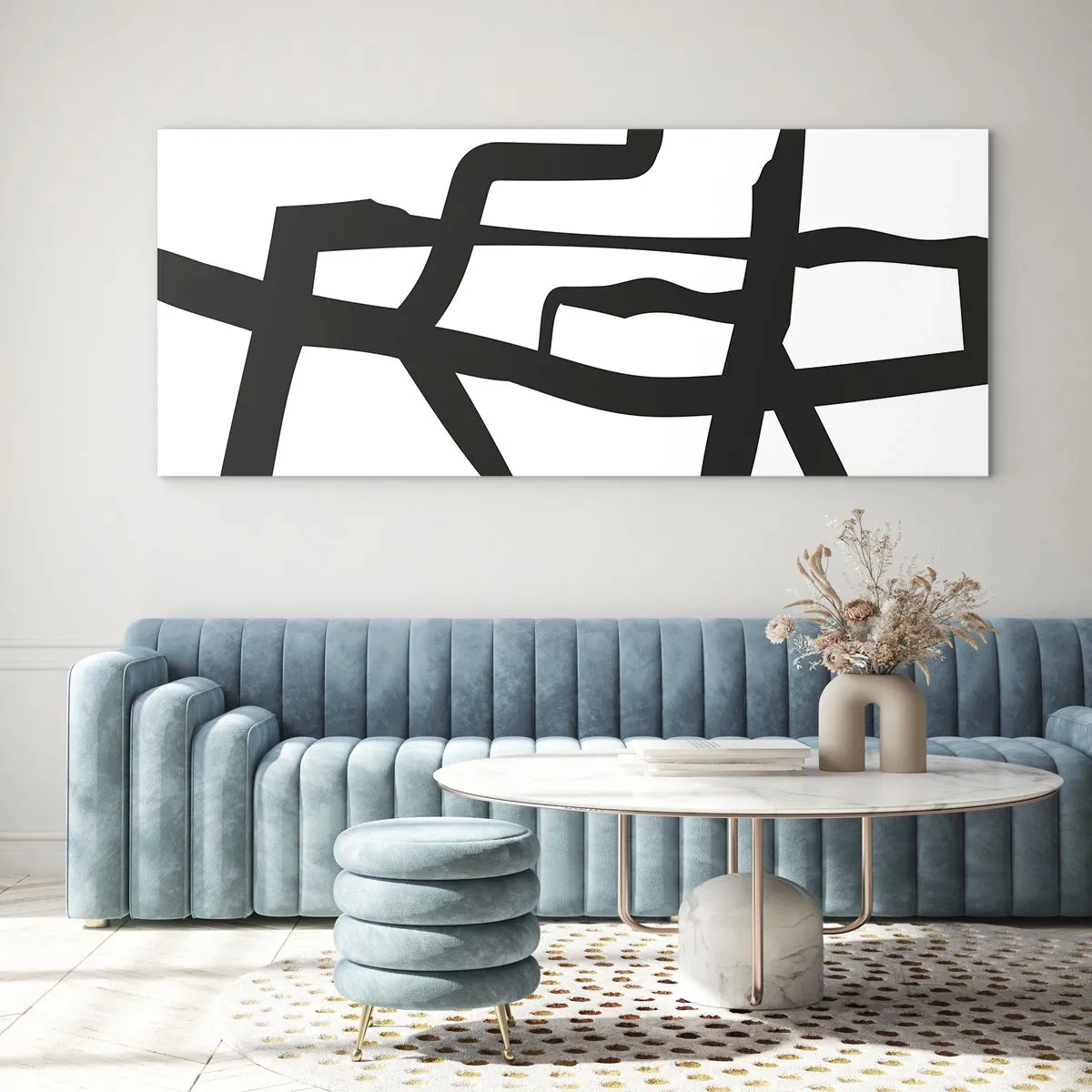 Glasbild - Bild auf glas - Minimalistisches Schwarz-Weiß-Muster mit geometrischen Linien - 160x50cm - Schwarz-Weiß-Design - Moderne Wanddekoration für Wohnzimmer und Schlafzimmer ARTTOR