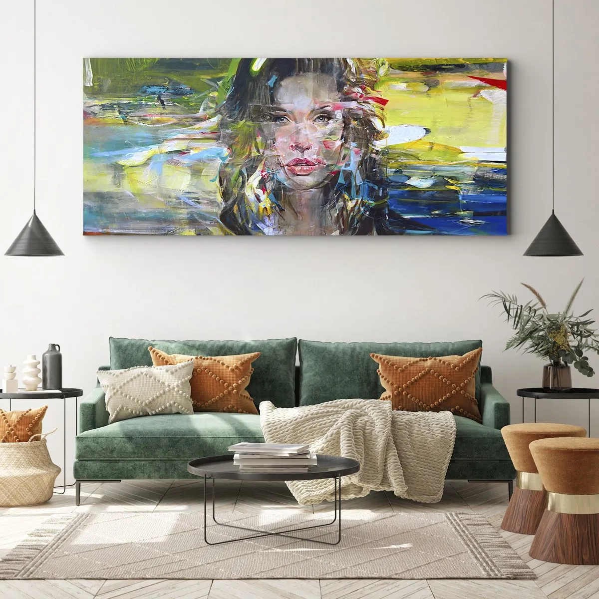 Bild auf Leinwand - Leinwandbild - Abstraktes Frauenporträt in intensiven Farben - 140x50cm - Hinter der Luft ein Vorhang - Moderne Wanddekoration für Wohnzimmer und Schlafzimmer ARTTOR