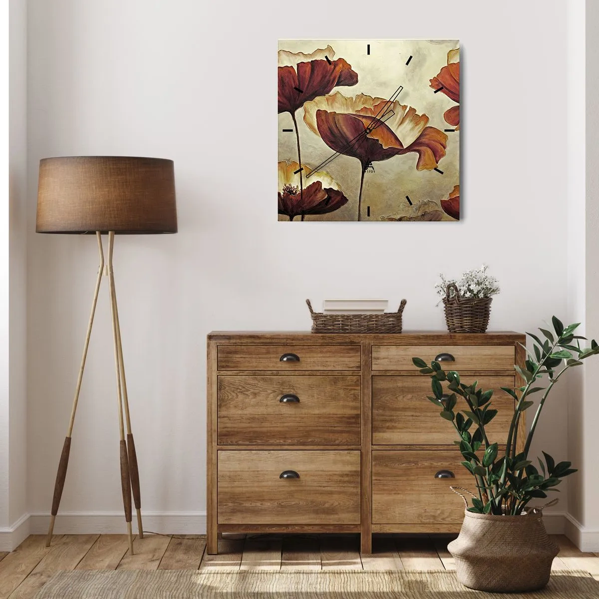 Wanduhr - Glasuhr - Dezente Blumen in Rot- und Goldtönen auf hellem Untergrund - 30x30cm - Weideland - Moderne Wanddekoration für Wohnzimmer und Schlafzimmer ARTTOR