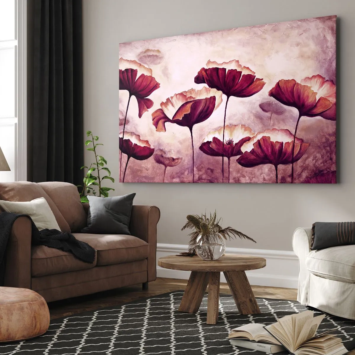 Bild auf Leinwand - Leinwandbild - Blumen in Rot- und Weißtönen auf dezentem Hintergrund - 120x80cm - Rotes und weißes Blütenblatt - Moderne Wanddekoration für Wohnzimmer und Schlafzimmer ARTTOR