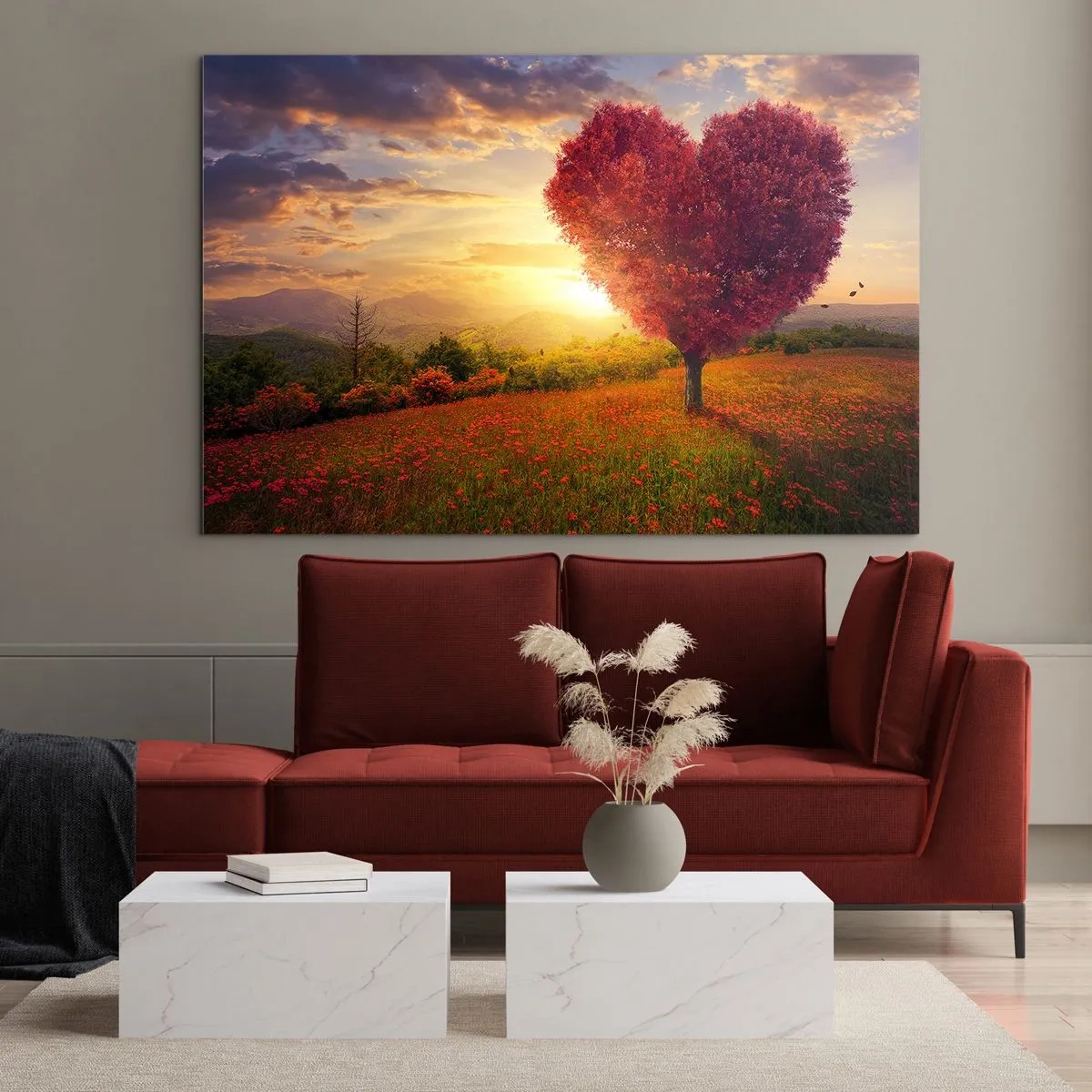 Glasbild - Bild auf glas - Ein herzförmiger Baum auf einem Feld bei Sonnenuntergang - 120x80cm - Berührt das Herz - Moderne Wanddekoration für Wohnzimmer und Schlafzimmer ARTTOR