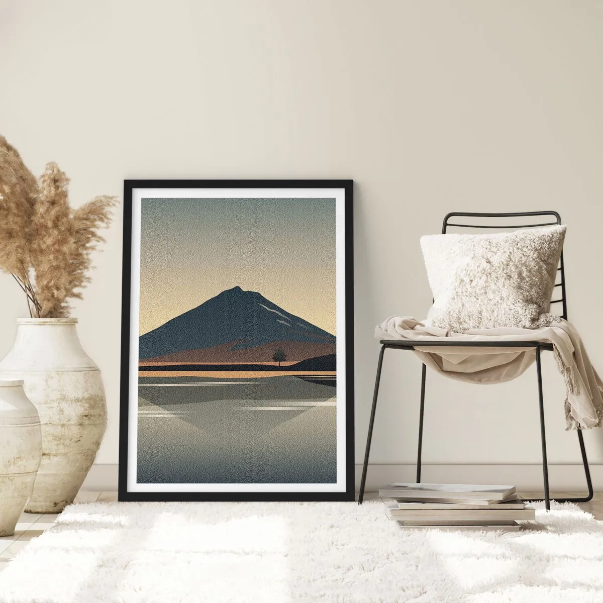 Poster in einem schwarzem Rahmen - Eine minimalistische Berglandschaft mit einer Spiegelung in einem See - 50x70cm - Spiegelreflexion - Moderne Wanddekoration für Wohnzimmer und Schlafzimmer ARTTOR