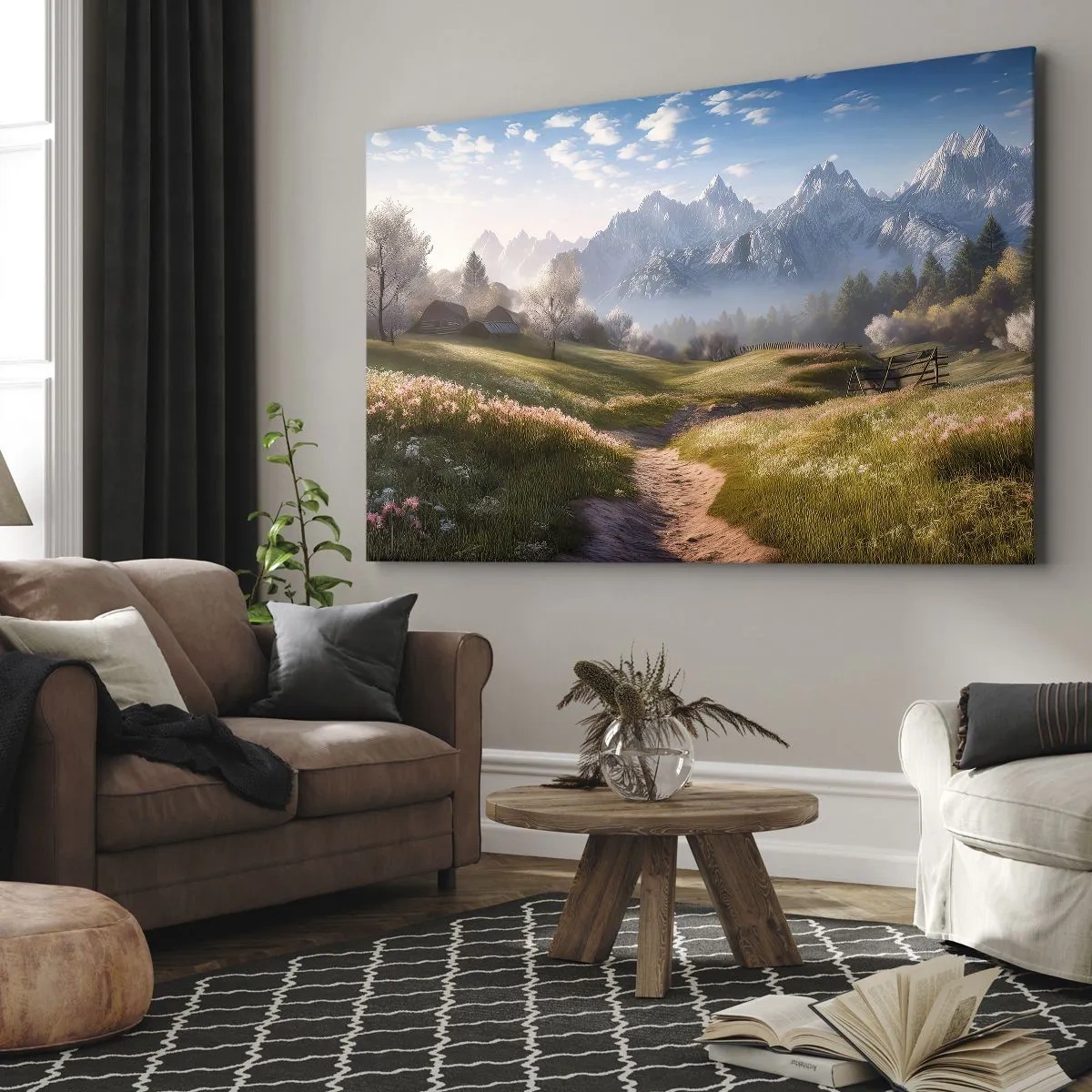 Bild auf Leinwand - Leinwandbild - Ein Bergtal mit Wiesen, Hütten und Blick auf die Gipfel - 120x80cm - Idyllisches Tal - Moderne Wanddekoration für Wohnzimmer und Schlafzimmer ARTTOR