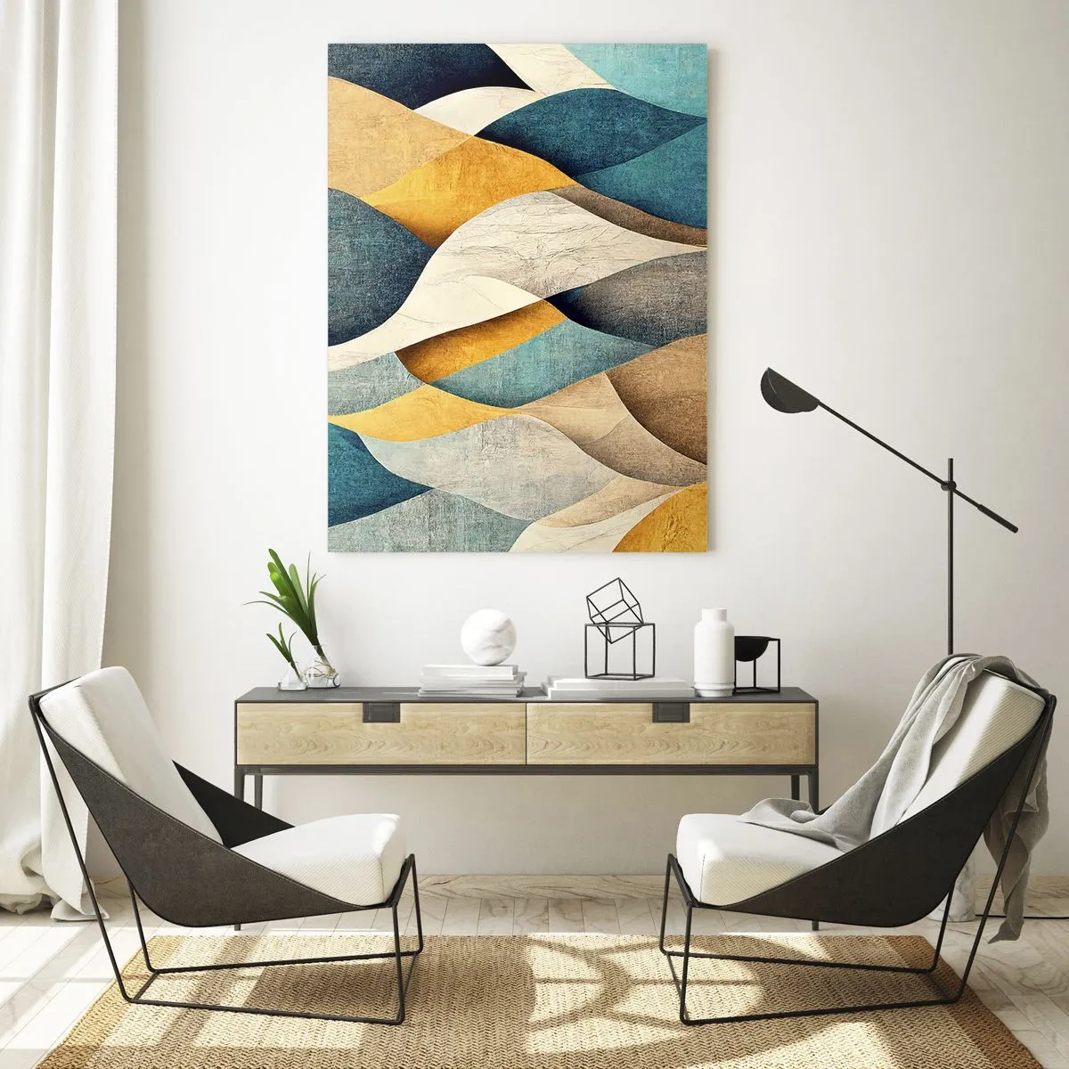 Glasbild - Bild auf glas - Abstrakte Formen in Gelb- und Blautönen - 50x70cm - Rhythmus und Welle - Moderne Wanddekoration für Wohnzimmer und Schlafzimmer ARTTOR