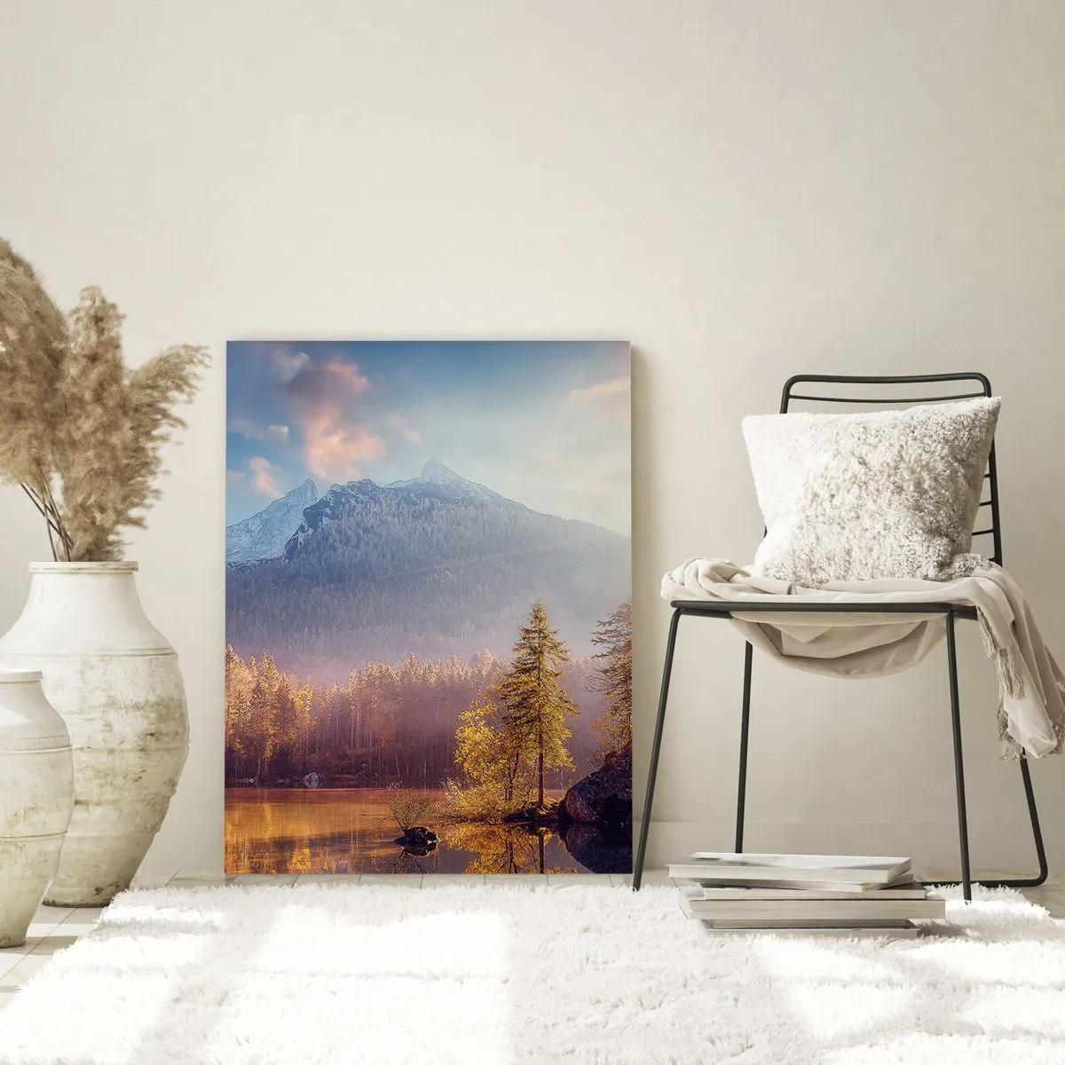 Glasbild - Bild auf glas - Malerischer Blick auf den Bergwald und den See im Morgengrauen - 80x120cm - In den Bergen und Tälern - Moderne Wanddekoration für Wohnzimmer und Schlafzimmer ARTTOR