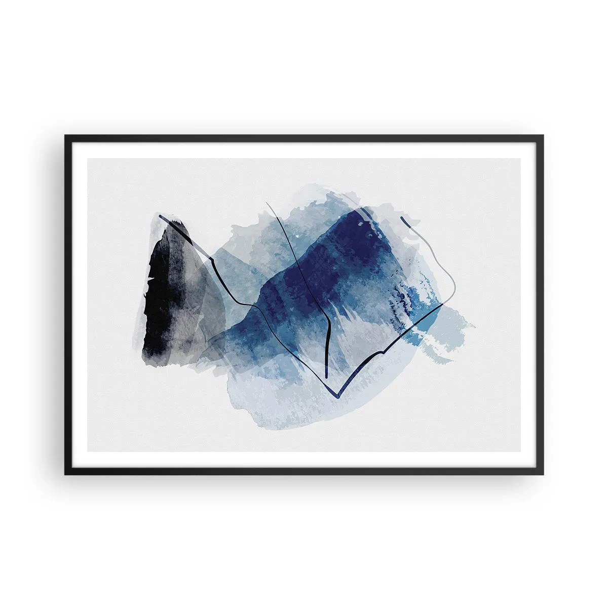 Poster in einem schwarzem Rahmen - Abstrakte Formen in Blautönen mit zarten Linien - 100x70cm - Eisberg - Moderne Wanddekoration für Wohnzimmer und Schlafzimmer ARTTOR