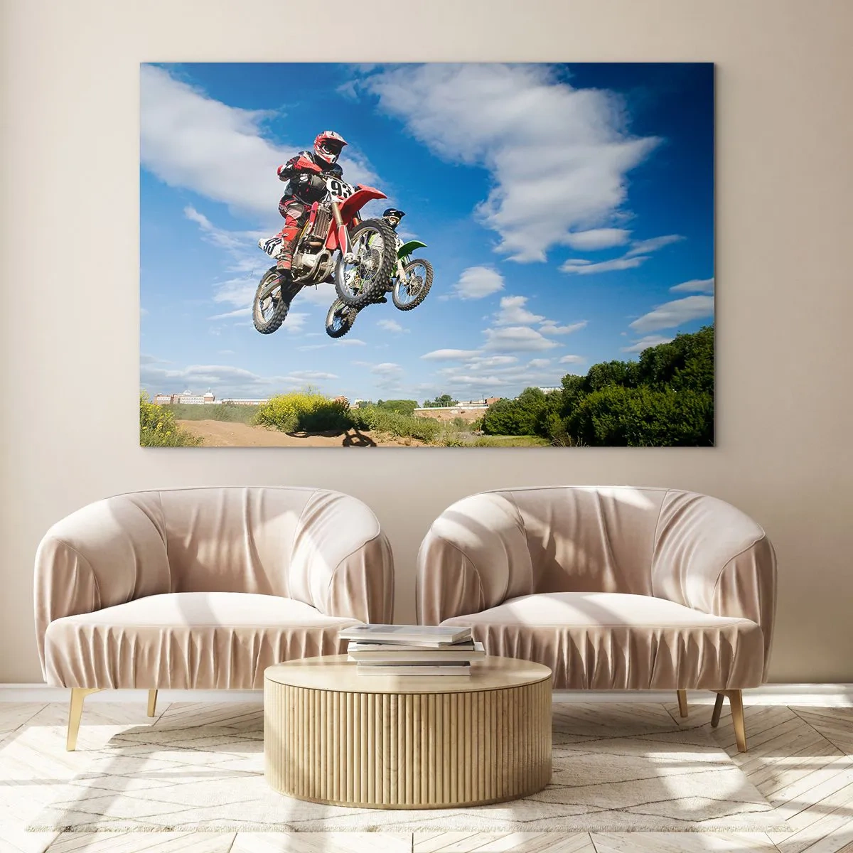 Glasbild - Bild auf glas - Ein Motorradrennfahrer im Flug vor blauem Himmel - 120x80cm - Himmelssprung - Moderne Wanddekoration für Wohnzimmer und Schlafzimmer ARTTOR