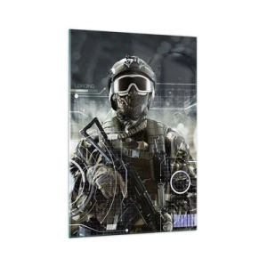 Glasbild - Bild auf glas - Ein Soldat in einem futuristischen Helm mit einer Waffe vor dem Hintergrund der Technologie. - 70x100cm - Macht zu Macht - Moderne Wanddekoration für Wohnzimmer und Schlafzimmer ARTTOR