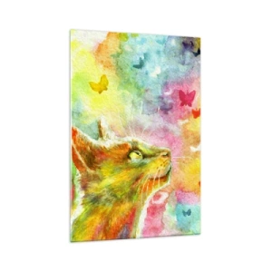 Glasbild - Bild auf glas - Eine Katze umgeben von bunten Schmetterlingen - 70x100cm - Baju-baju im Katzenparadies - Moderne Wanddekoration für Wohnzimmer und Schlafzimmer ARTTOR