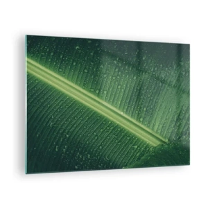 Glasbild - Bild auf glas - Nahaufnahme eines grünen Blattes mit Wassertropfen - 70x50cm - Die Struktur des Grüns - Moderne Wanddekoration für Wohnzimmer und Schlafzimmer ARTTOR