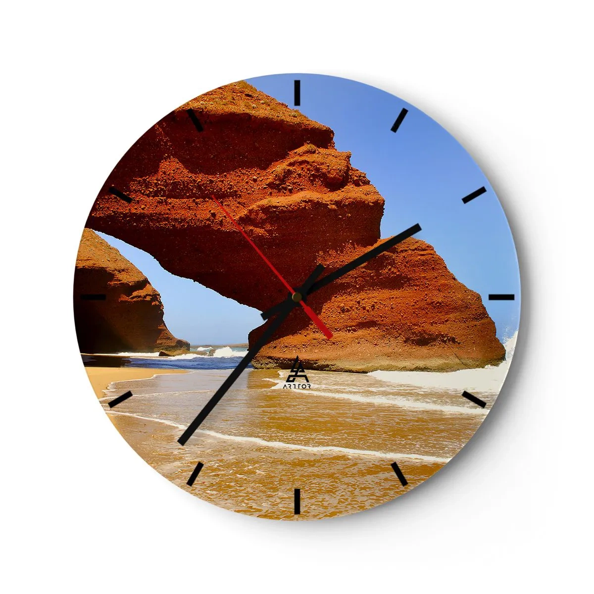 Wanduhr - Glasuhr - Ein Strand mit roten Felsen und blauem Himmel - 30x30cm - Wasser und Wind seit Tausenden von Jahren - Moderne Wanddekoration für Wohnzimmer, Küche und Schlafzimmer ARTTOR
