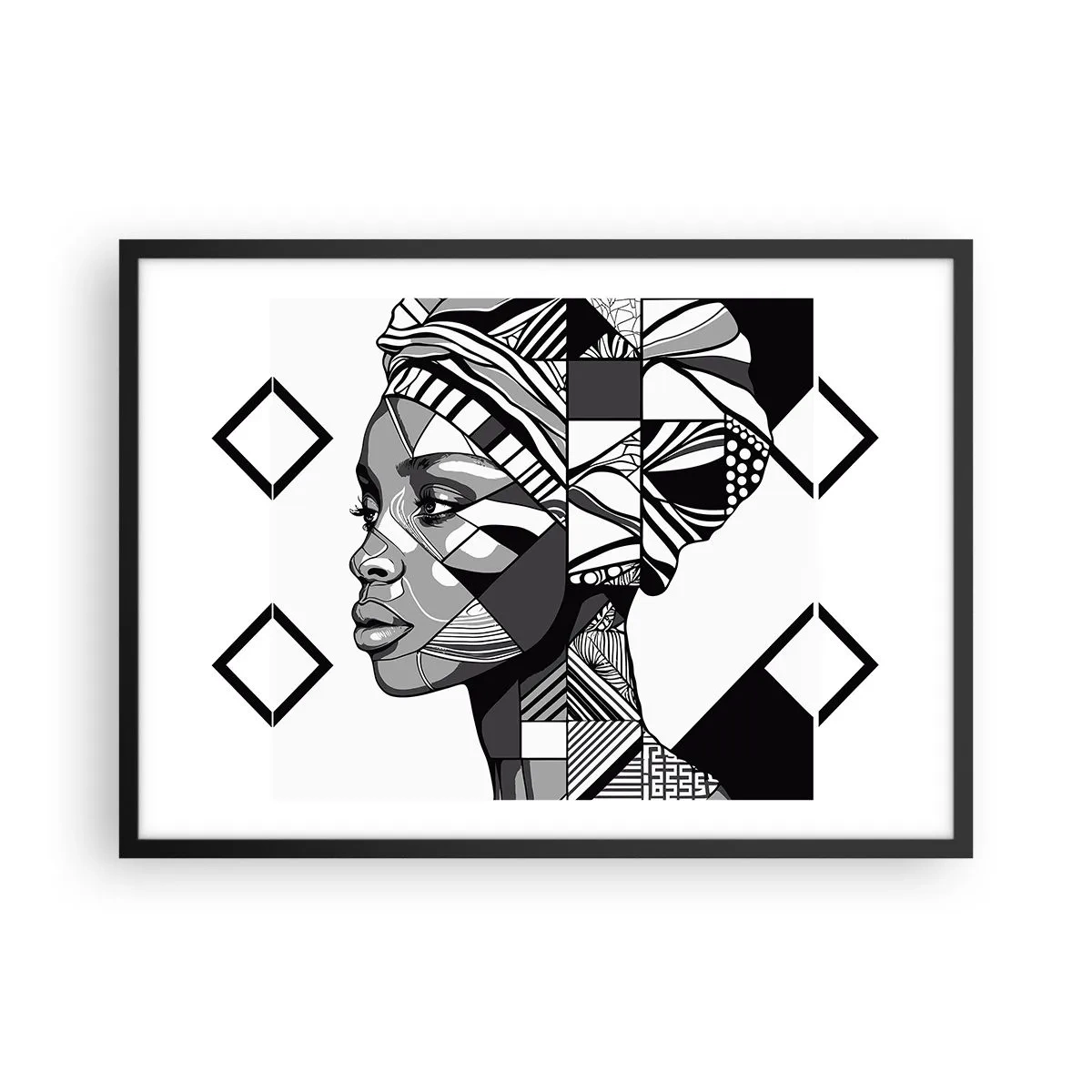 Poster in einem schwarzem Rahmen - Schwarz-Weiß-Porträt einer Frau im Ethno-Stil - 70x50cm - Ethnisches Porträt - Moderne Wanddekoration für Wohnzimmer und Schlafzimmer ARTTOR