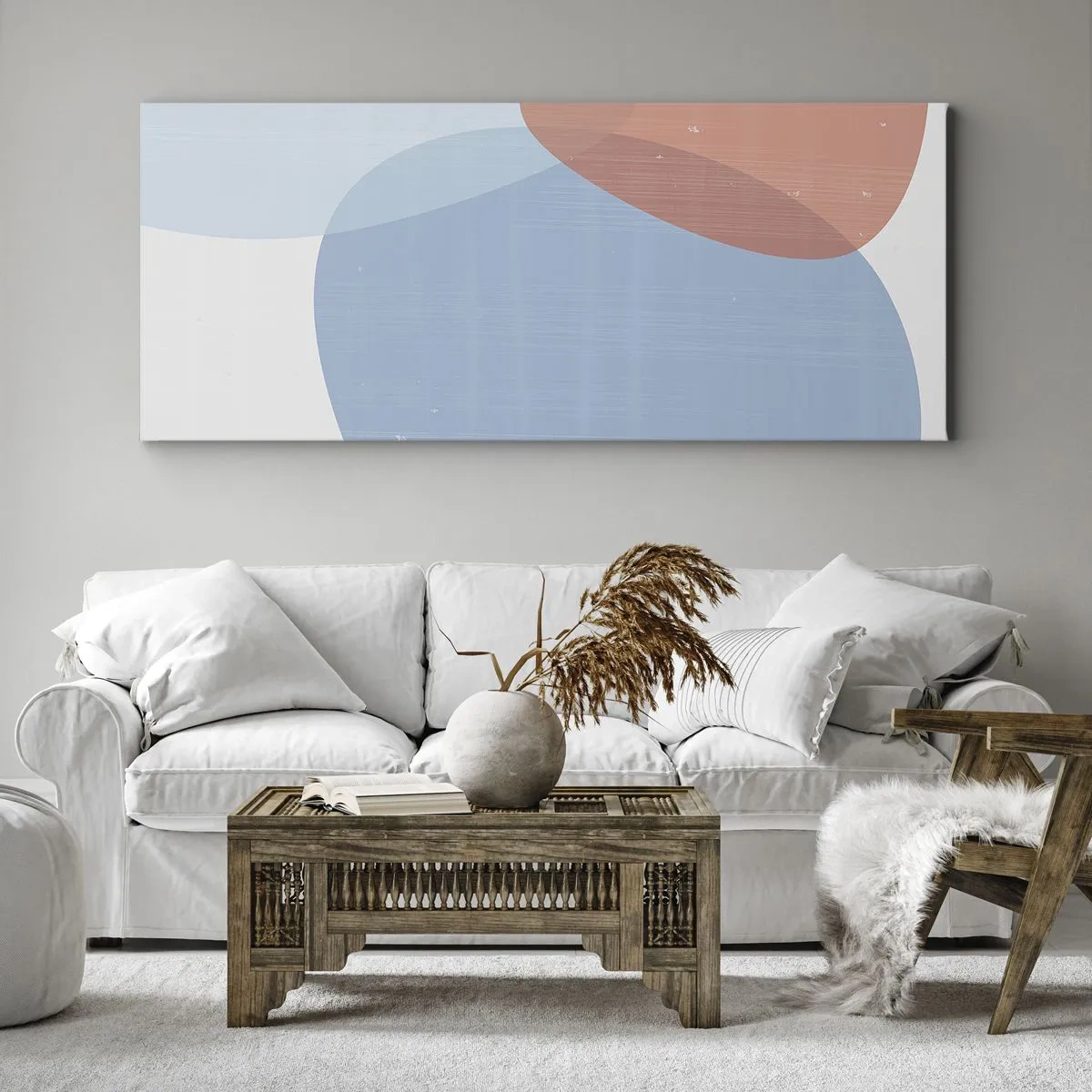 Bild auf Leinwand - Leinwandbild - Eine abstrakte Komposition in Pastelltönen von Blau und Rosa mit organischen Formen. - 160x50cm - Pastellbeziehungen - Moderne Wanddekoration für Wohnzimmer und Schlafzimmer ARTTOR
